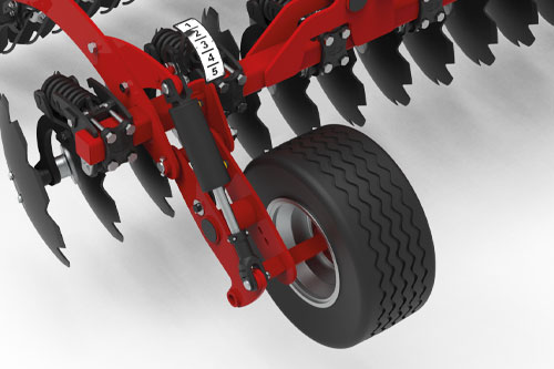 Simple mechanical adjustment, large diameter independent disc harrow